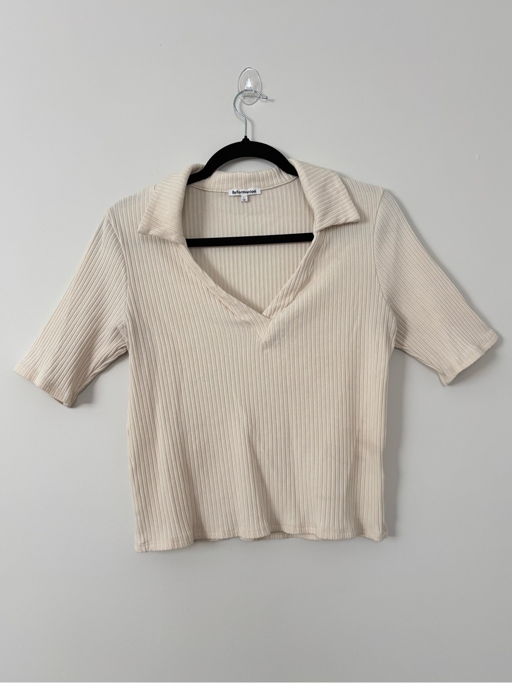 Reformation Thomas Knit Top Ribbed V Neck Open Collar Off White Cream Size L